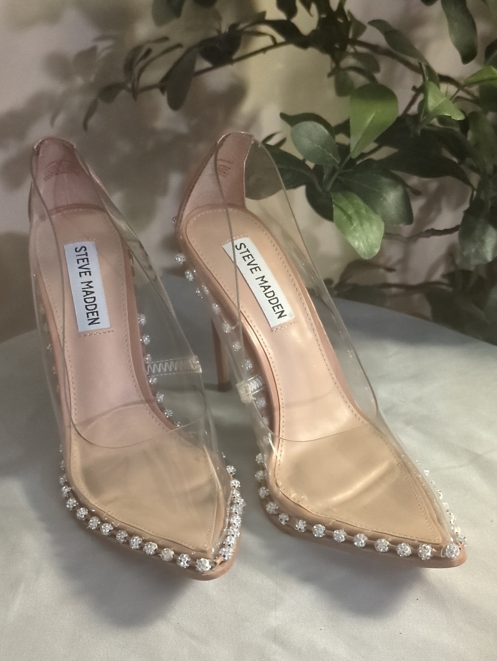 Steve Madden Nude Clear Pointed Toe Rhinestone-Trim Pumps